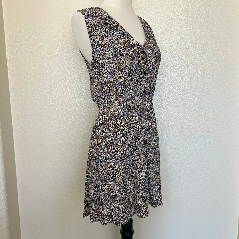 & Other Stories ditsy floral print v neck mini dress button front tan purple